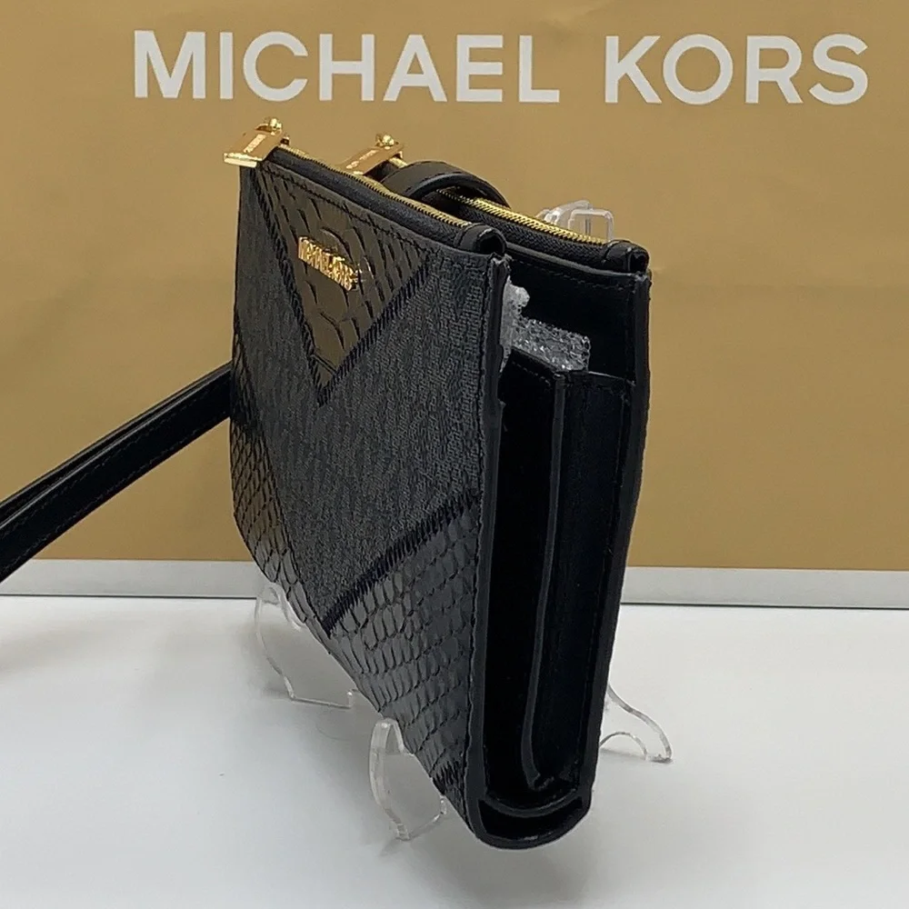 MICHAEL KORS Black MULTI LG DOUBLE ZIP WRSTLT Crocodile Leather Snakeskin